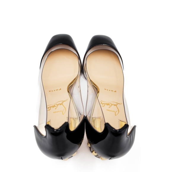 Christian Louboutin Faridaravie 25 Black Patent Leather PVC Gold Block Heels 38 - Picture 5 of 10